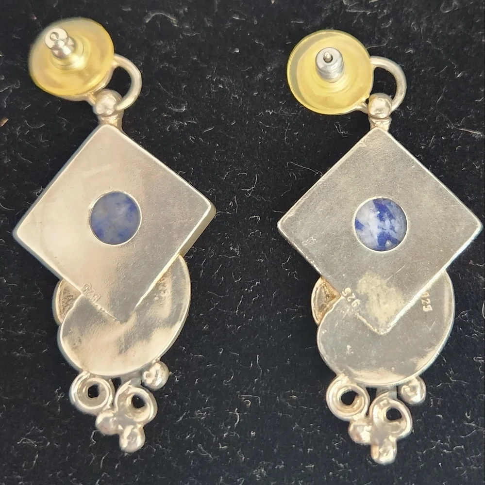 Stamped vintage 925 silver/Sodalite tile modern design handcrafted earrings - Picture 3 of 5